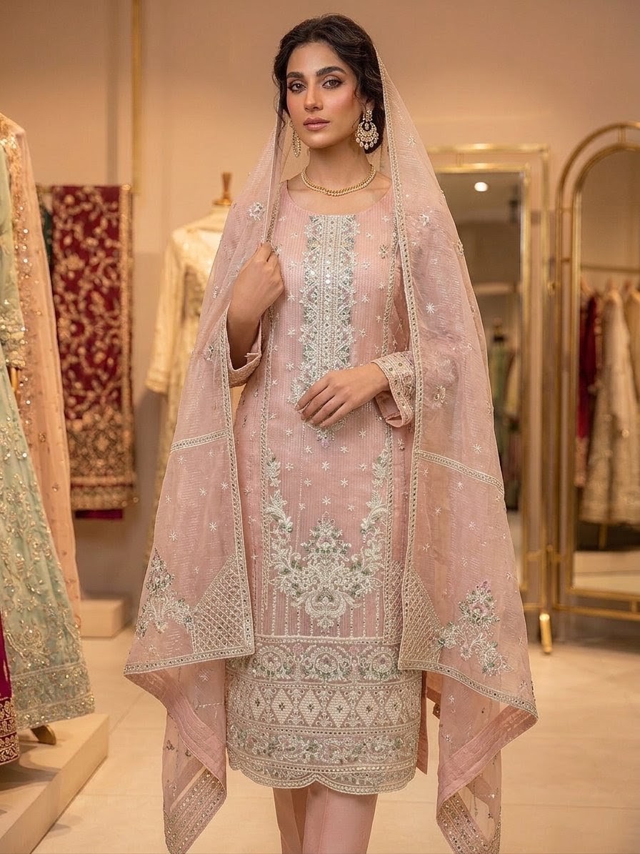 3 Piece Unstitched Embroidered Suits for girls - organza shawl set